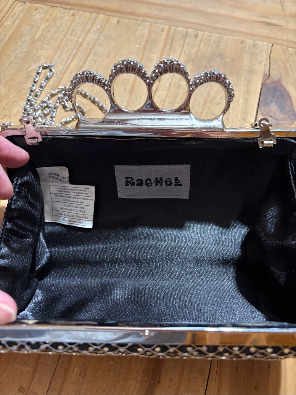 Black “Rachel” Rhinestone Knuckle-Handle Evening Clutch with Chain - Picture 2 of 6